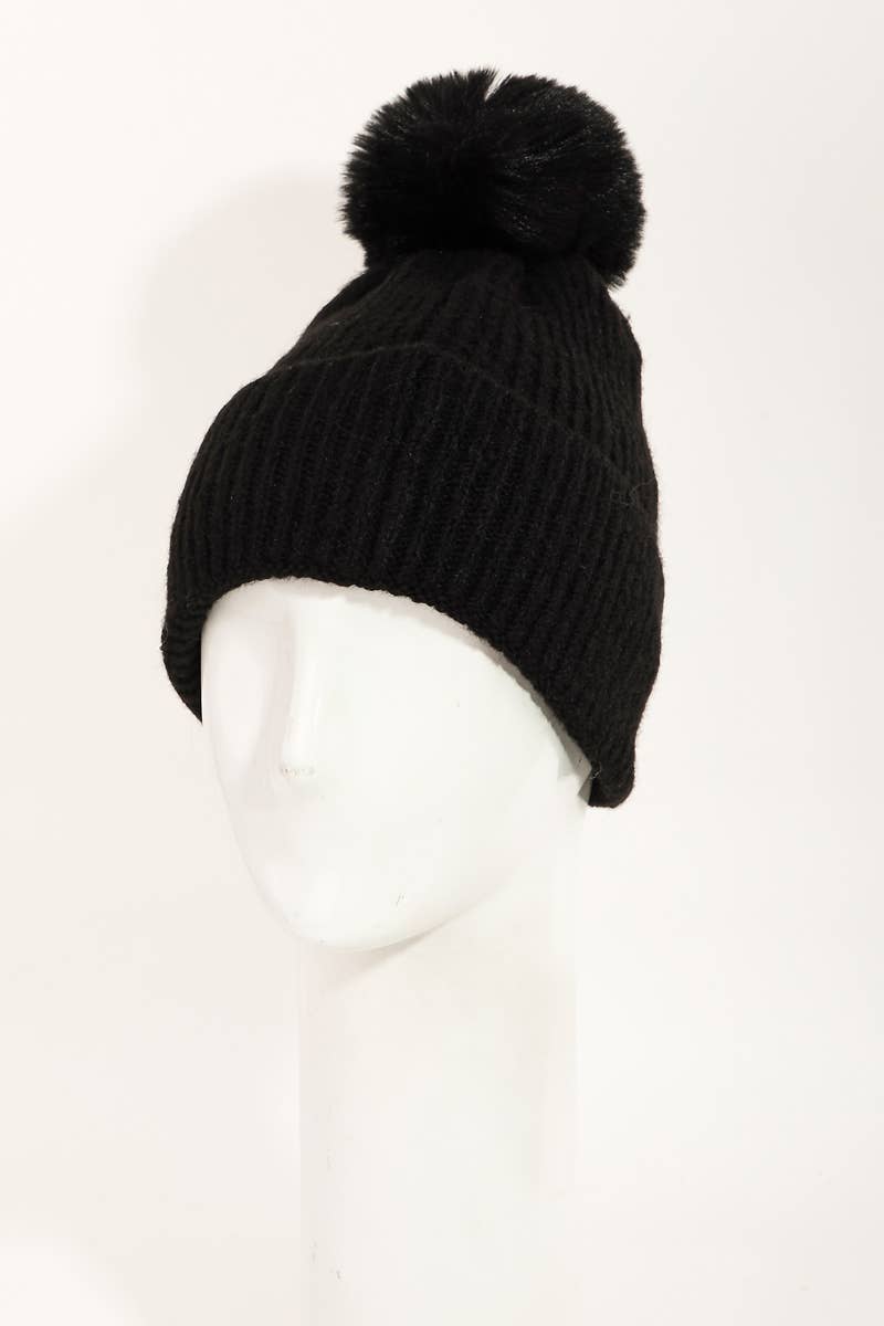Pom Ribbed Beanie-Black