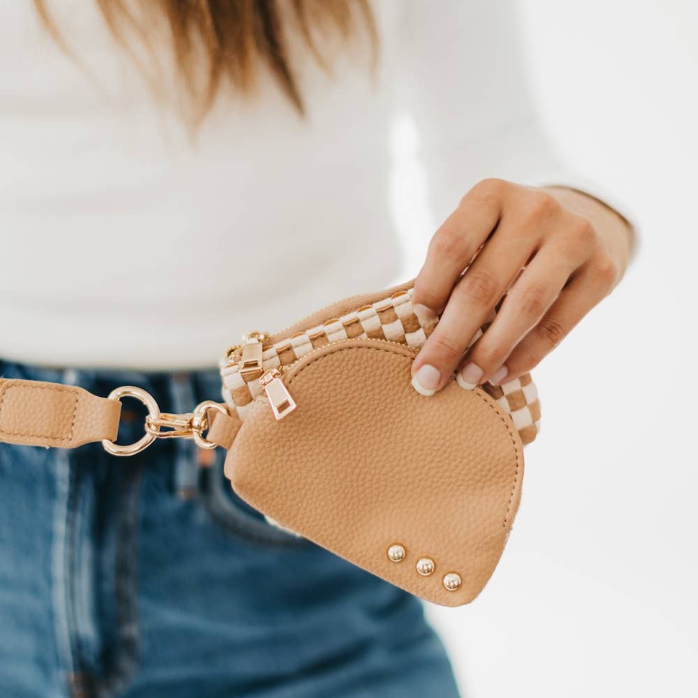 Wonderlust Woven Dual Pouch Wristlet : Tan Checkered