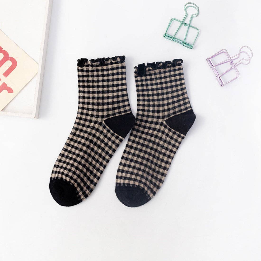 Colorful Check Pattern Lace Socks: Black