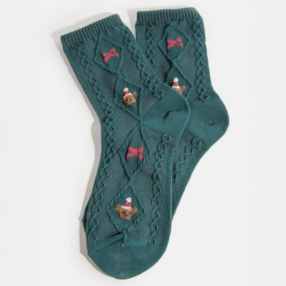 Embroidered Christmas Teddy Bear Socks-Green