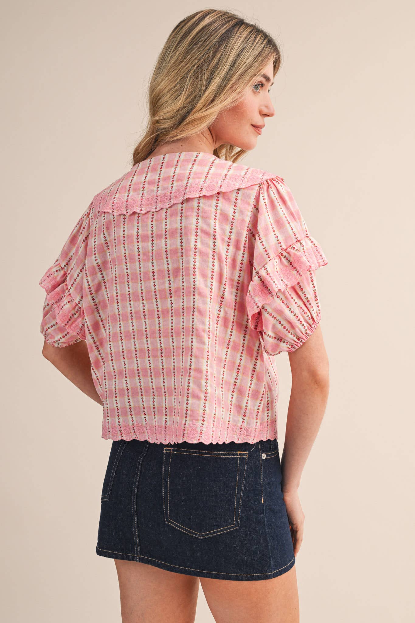 Floral Gingham Embroidered Top-Pink Gingham