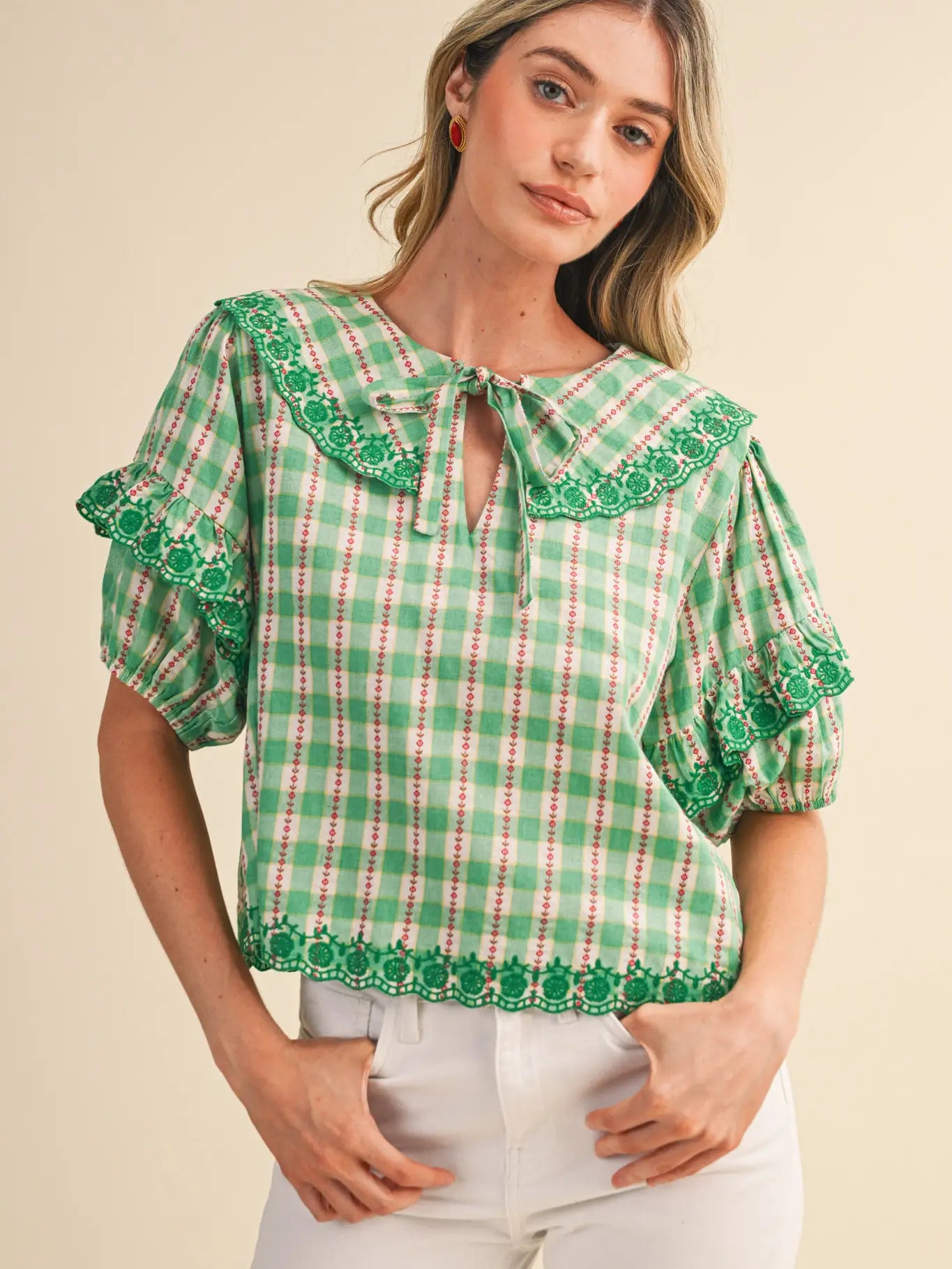 Floral Gingham Embroidered Top-Green