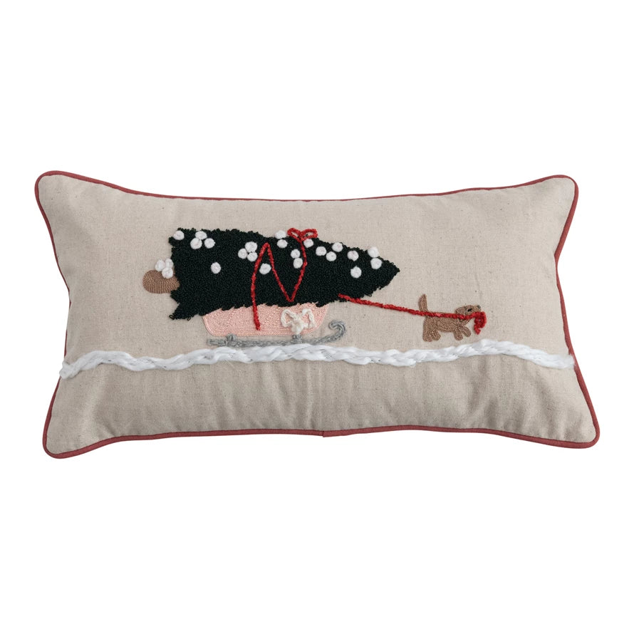 Embroidered Pillow with Dog Pulling Sled