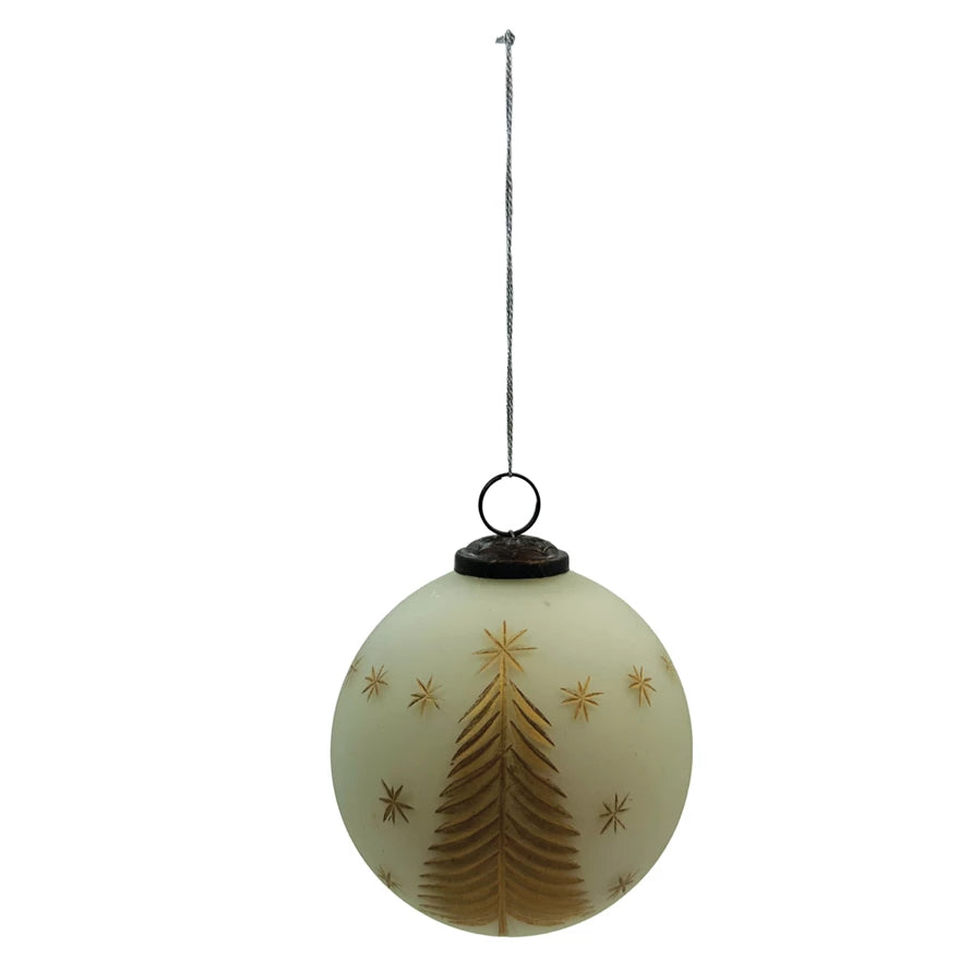 Hand Painted Glass Ball Ornament with Etched Trees and Stars