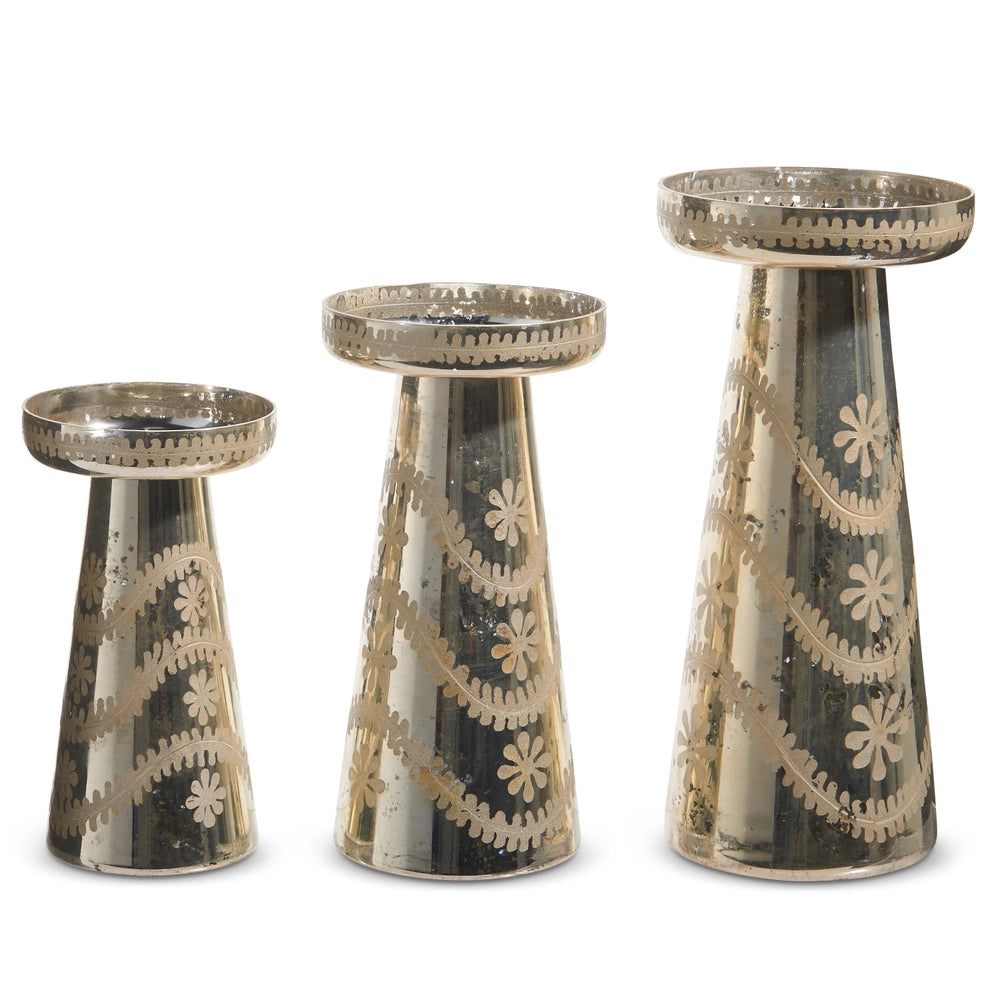 Silver Mercury Glass Etched Candle Holders