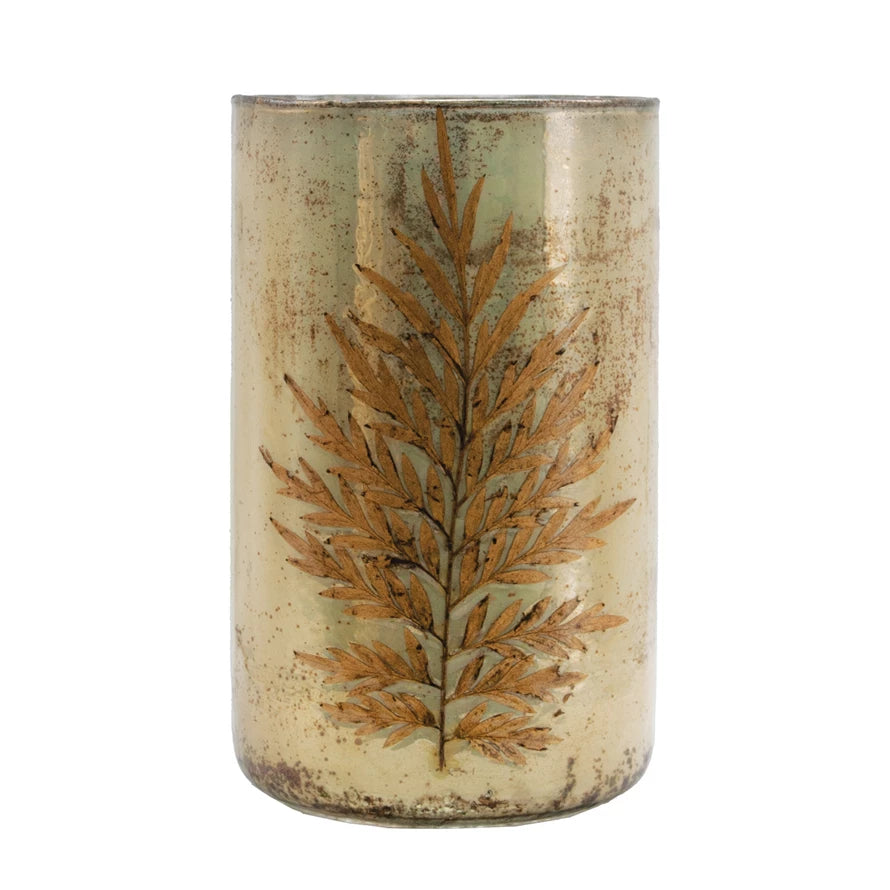 Mercury Glass Vase with Silver Oak Leaves