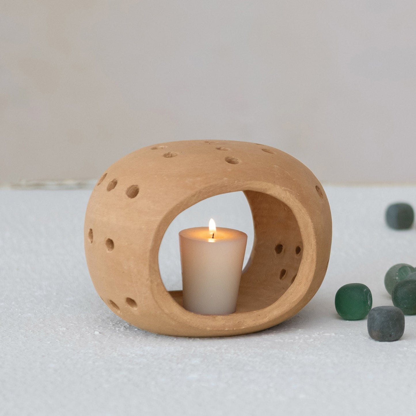 Handmade Terra-cotta Candle Holder w/ Cut-Outs