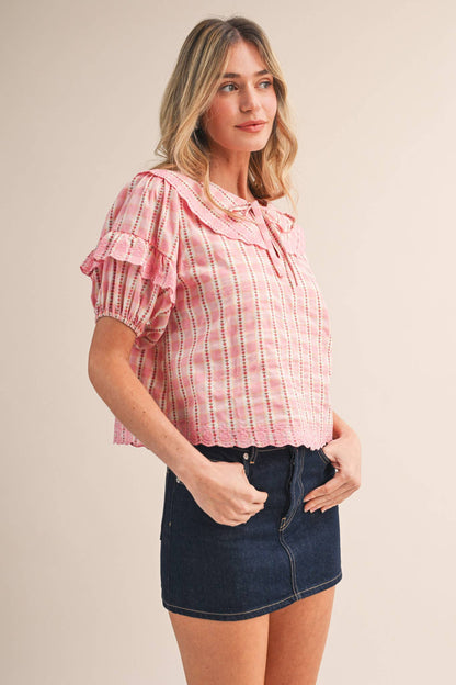 Floral Gingham Embroidered Top-Pink Gingham