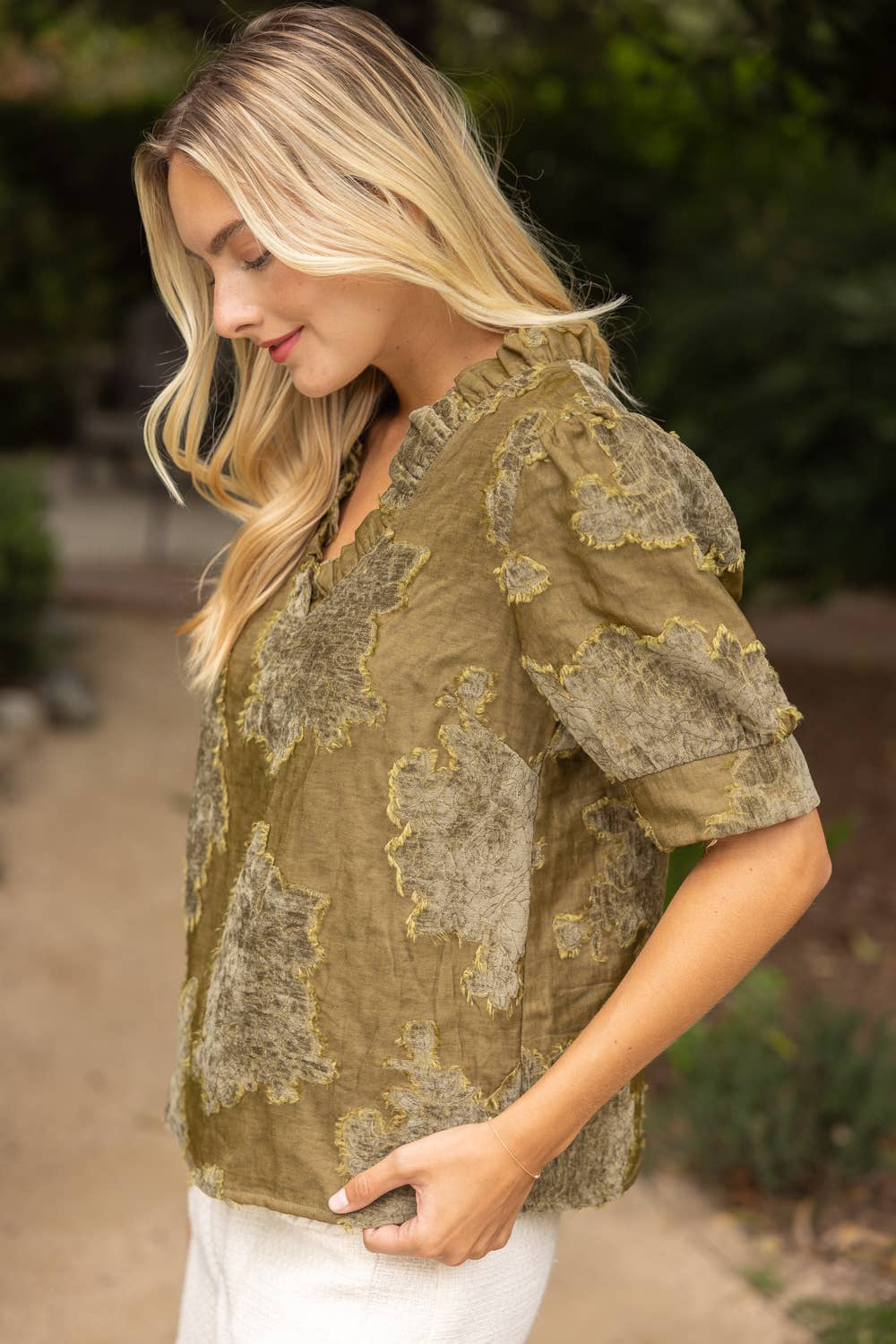 Ruffled V-Neck Textured Burnout Velvet Top