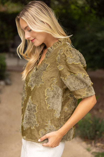 Ruffled V-Neck Textured Burnout Velvet Top