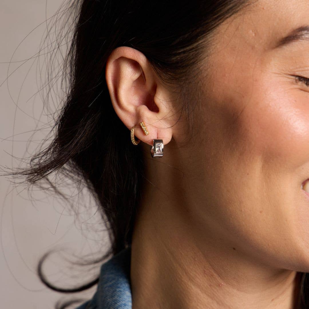 Silver Classic Baguette Bezel Huggies