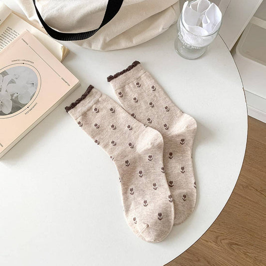 Floral Lace Trim Socks: Beige