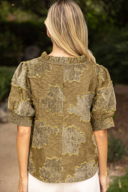 Ruffled V-Neck Textured Burnout Velvet Top