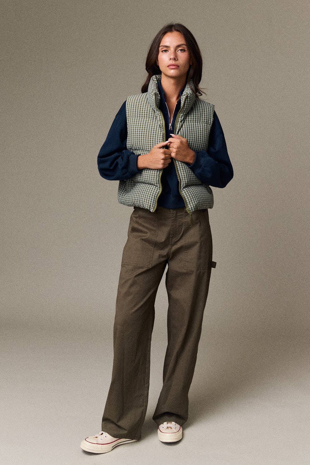 Olive Check Puffer Vest