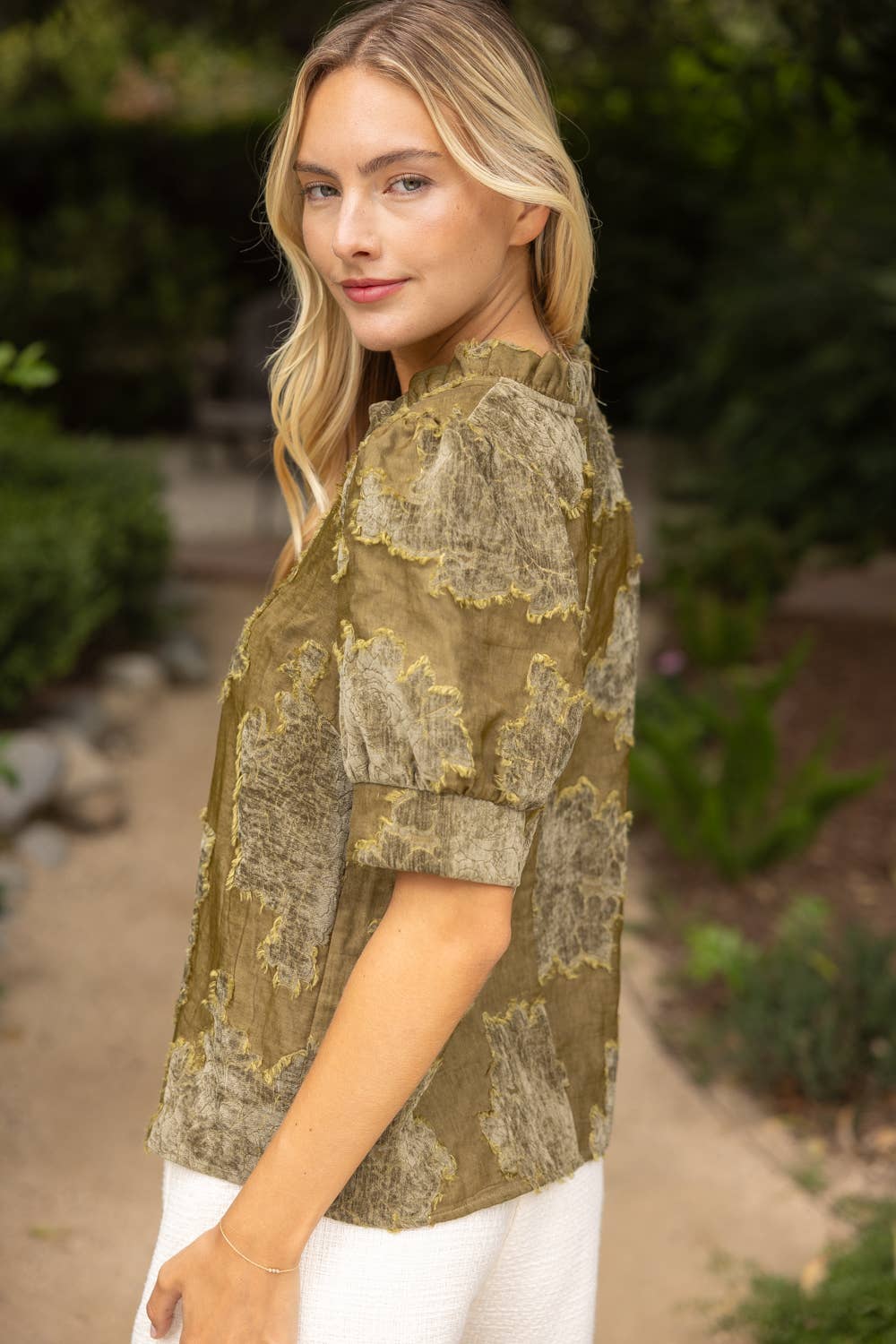 Ruffled V-Neck Textured Burnout Velvet Top