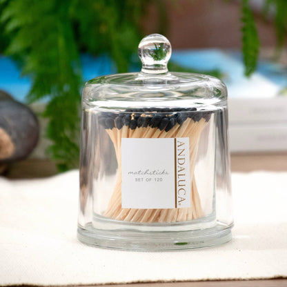 Glass Jar with Lid & 120 Wooden Black Matches