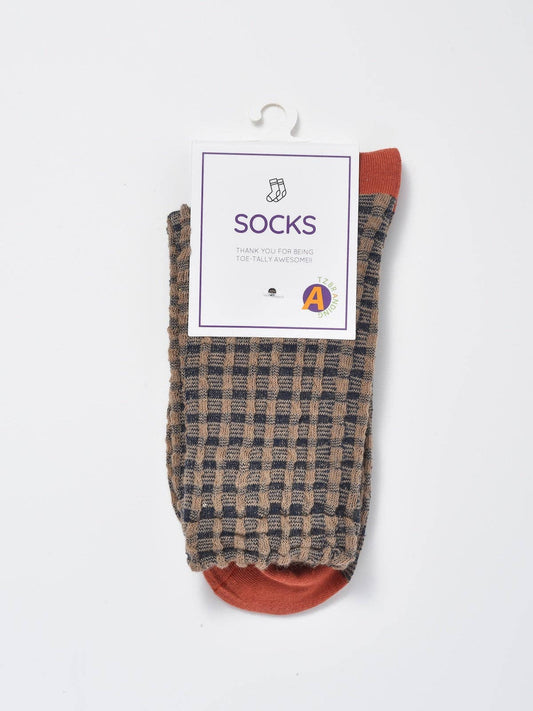 Textured Check Knit Crew Socks: Coffee