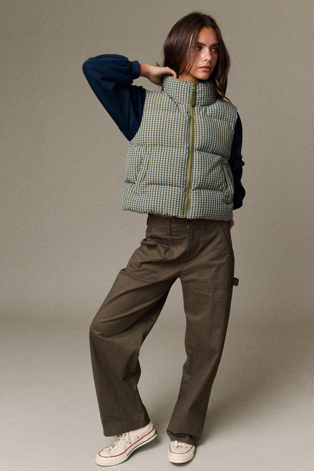 Olive Check Puffer Vest