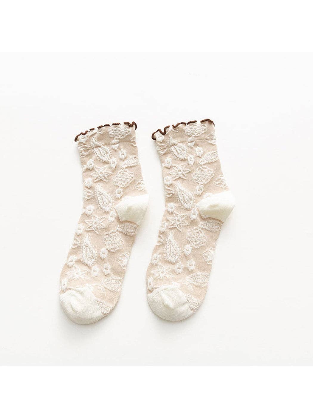 Scalloped Trim Floral Pattern Crew Socks-Cream