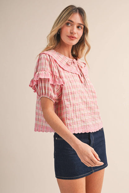 Floral Gingham Embroidered Top-Pink Gingham