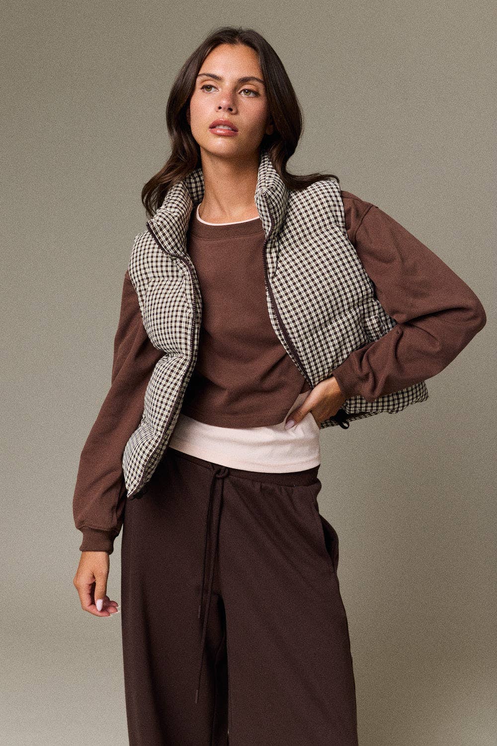 Olive Check Puffer Vest