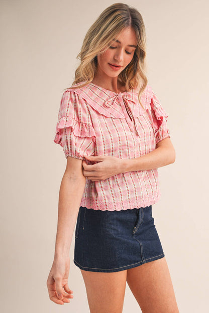 Floral Gingham Embroidered Top-Pink Gingham