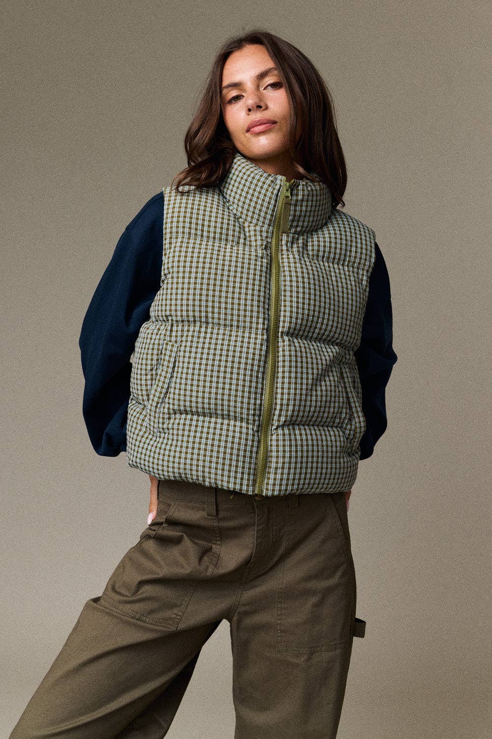 Olive Check Puffer Vest