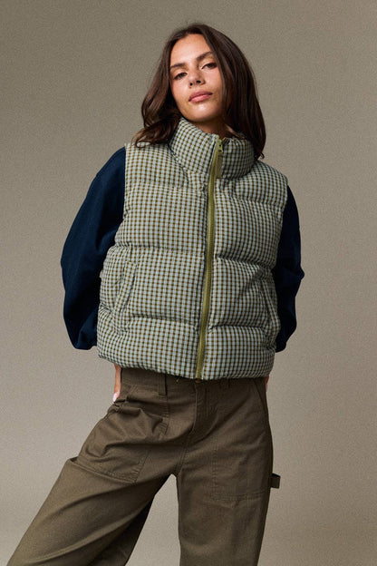 Olive Check Puffer Vest