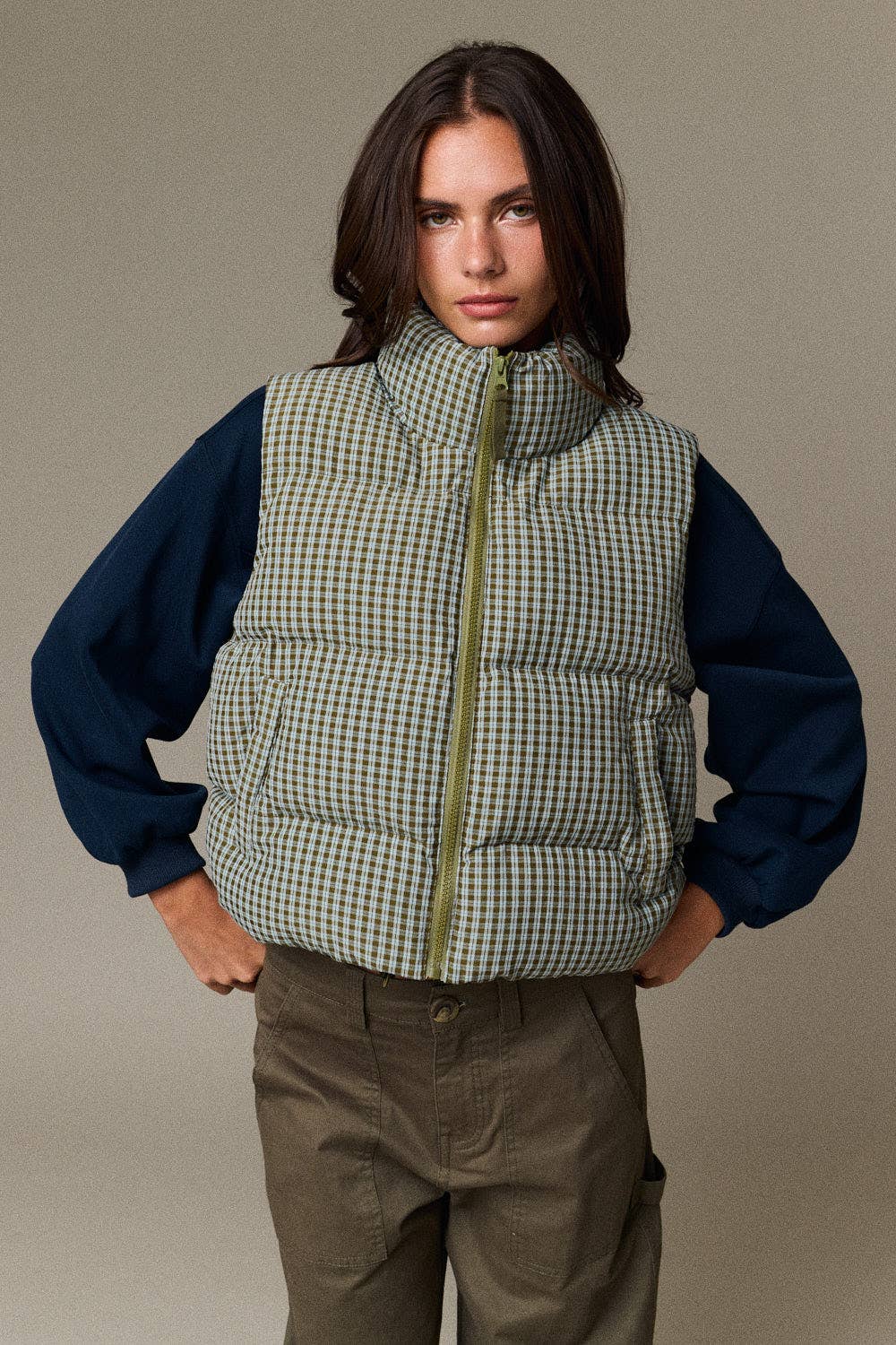 Olive Check Puffer Vest