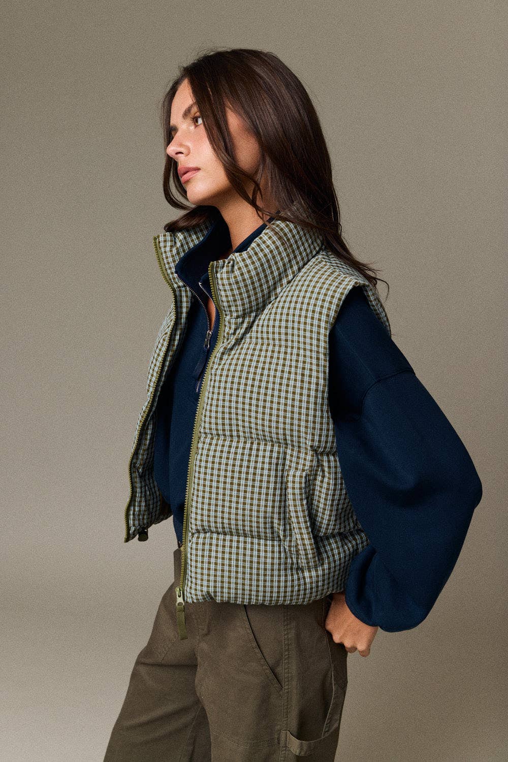 Olive Check Puffer Vest