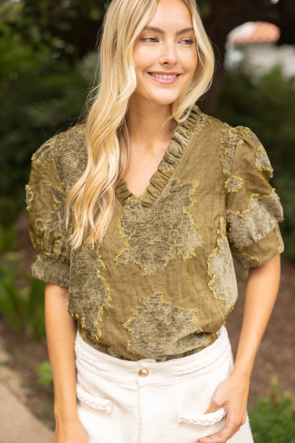 Ruffled V-Neck Textured Burnout Velvet Top