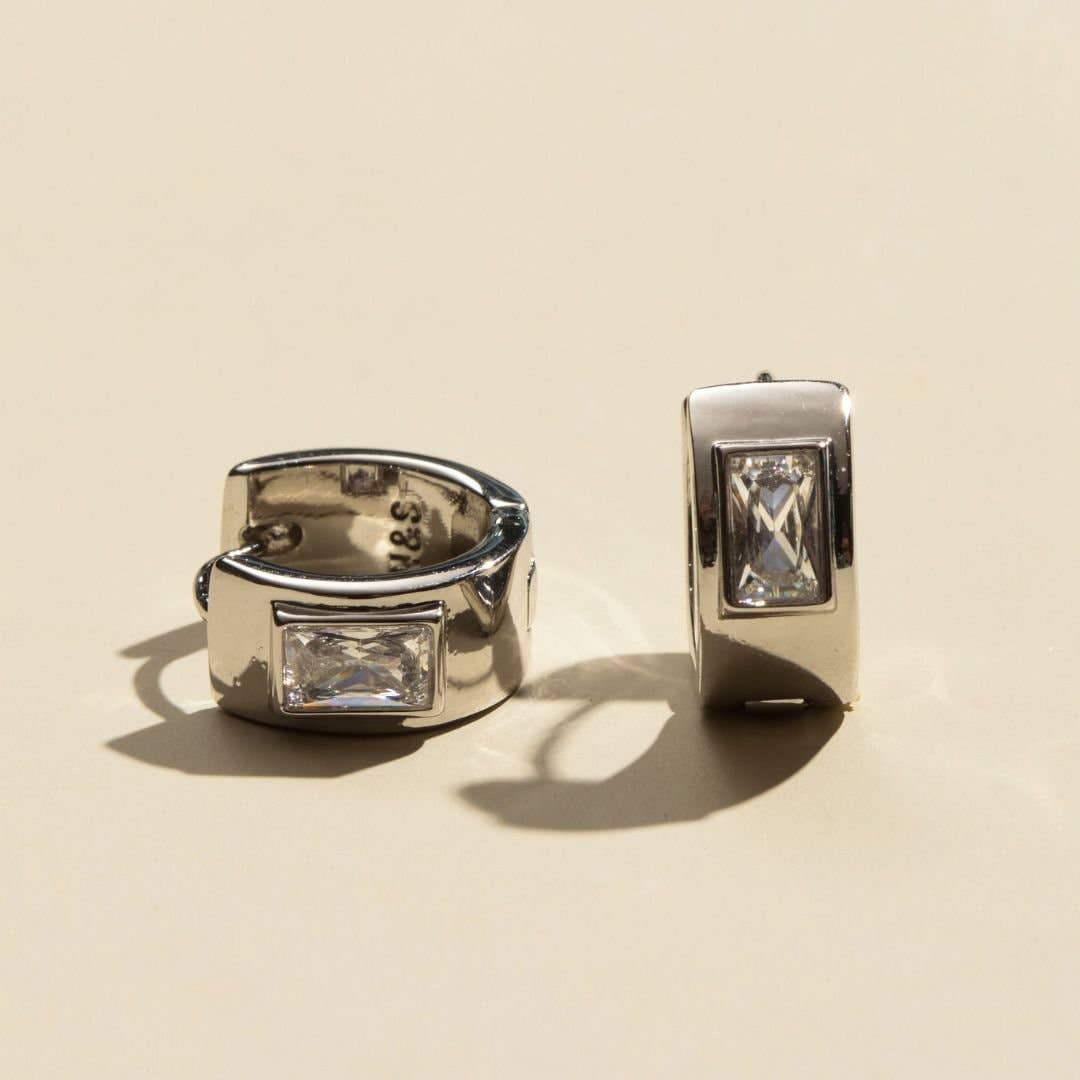 Silver Classic Baguette Bezel Huggies