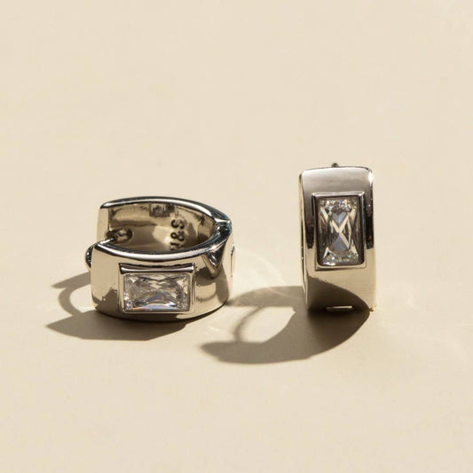 Silver Classic Baguette Bezel Huggies