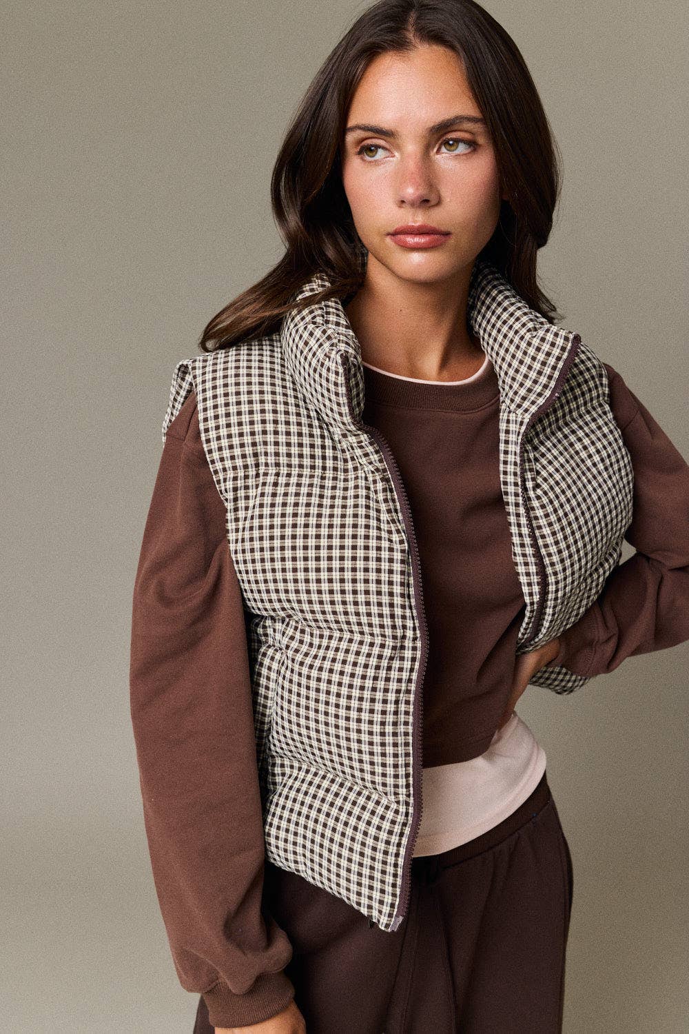 Olive Check Puffer Vest