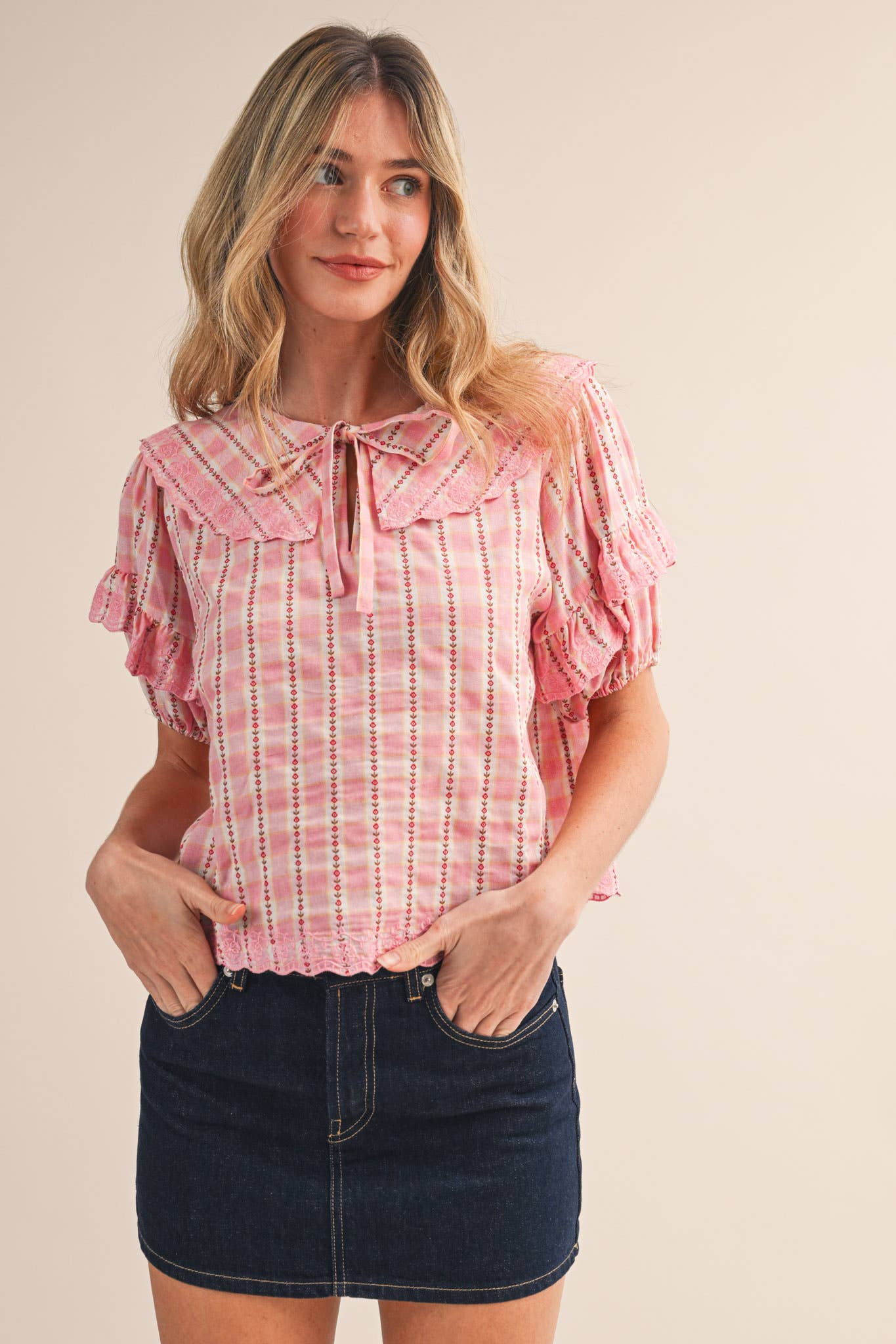 Floral Gingham Embroidered Top-Pink Gingham