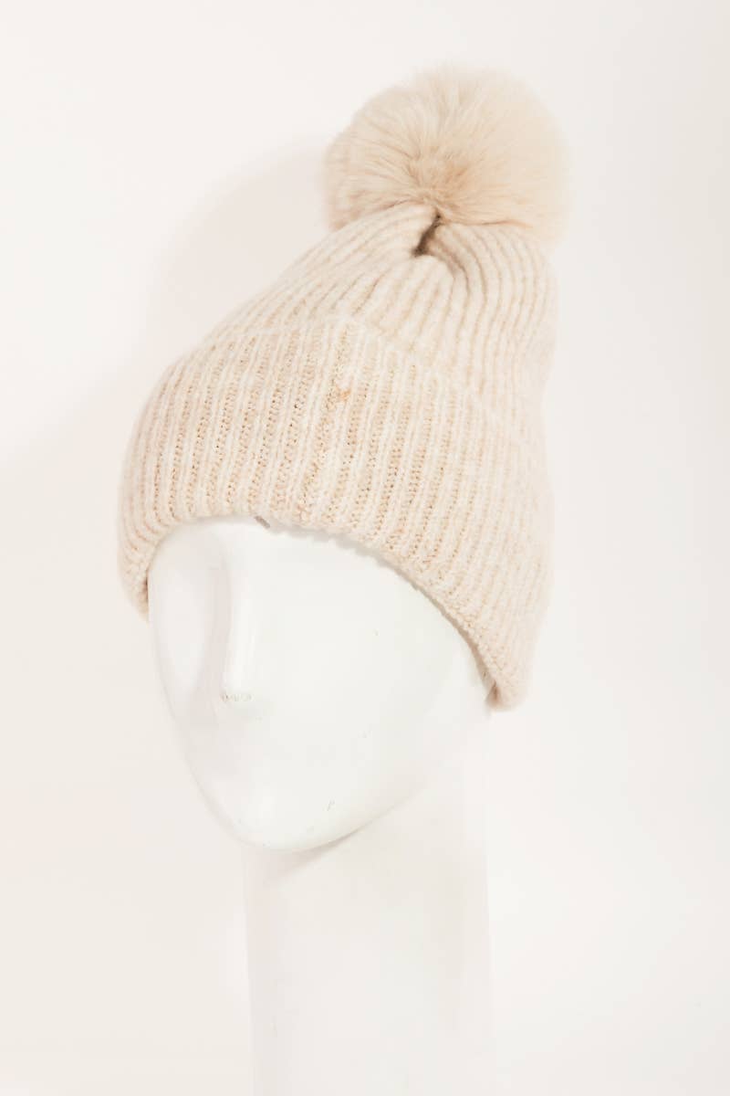 Pom Ribbed Beanie-Cream