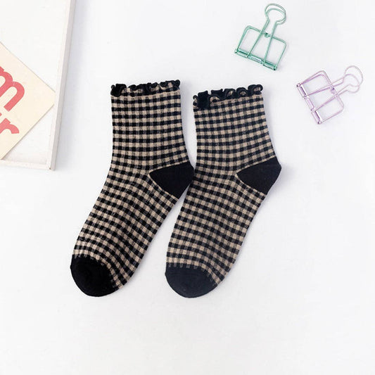 Colorful Check Pattern Lace Socks: Black