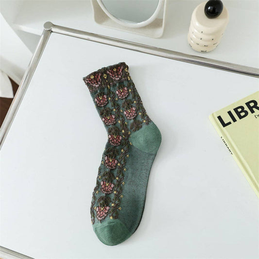 Embossed Vintage Floral Socks: Green