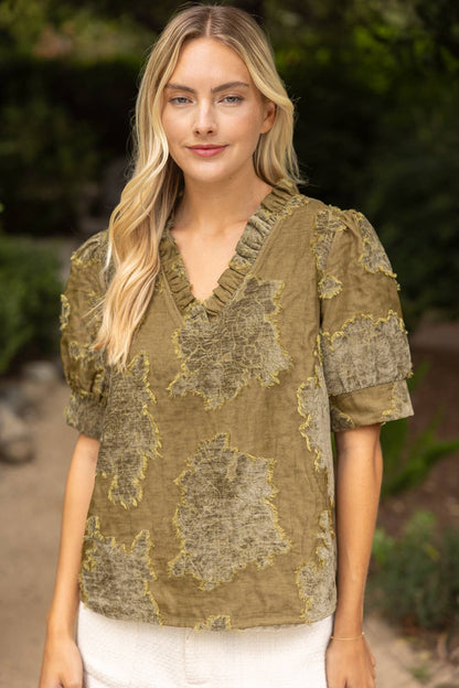 Ruffled V-Neck Textured Burnout Velvet Top