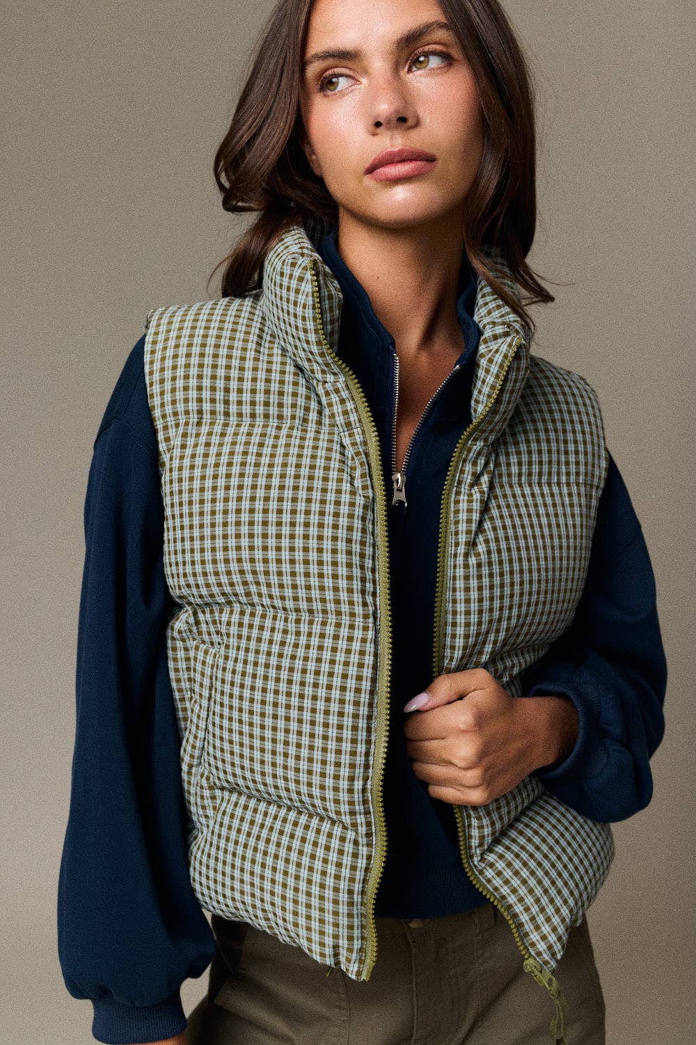 Olive Check Puffer Vest