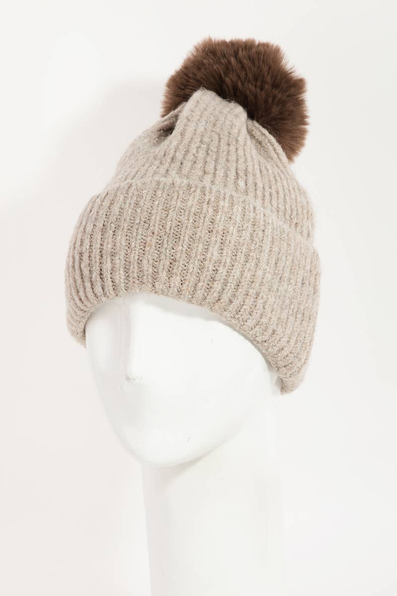 Pom Ribbed Beanie-Taupe