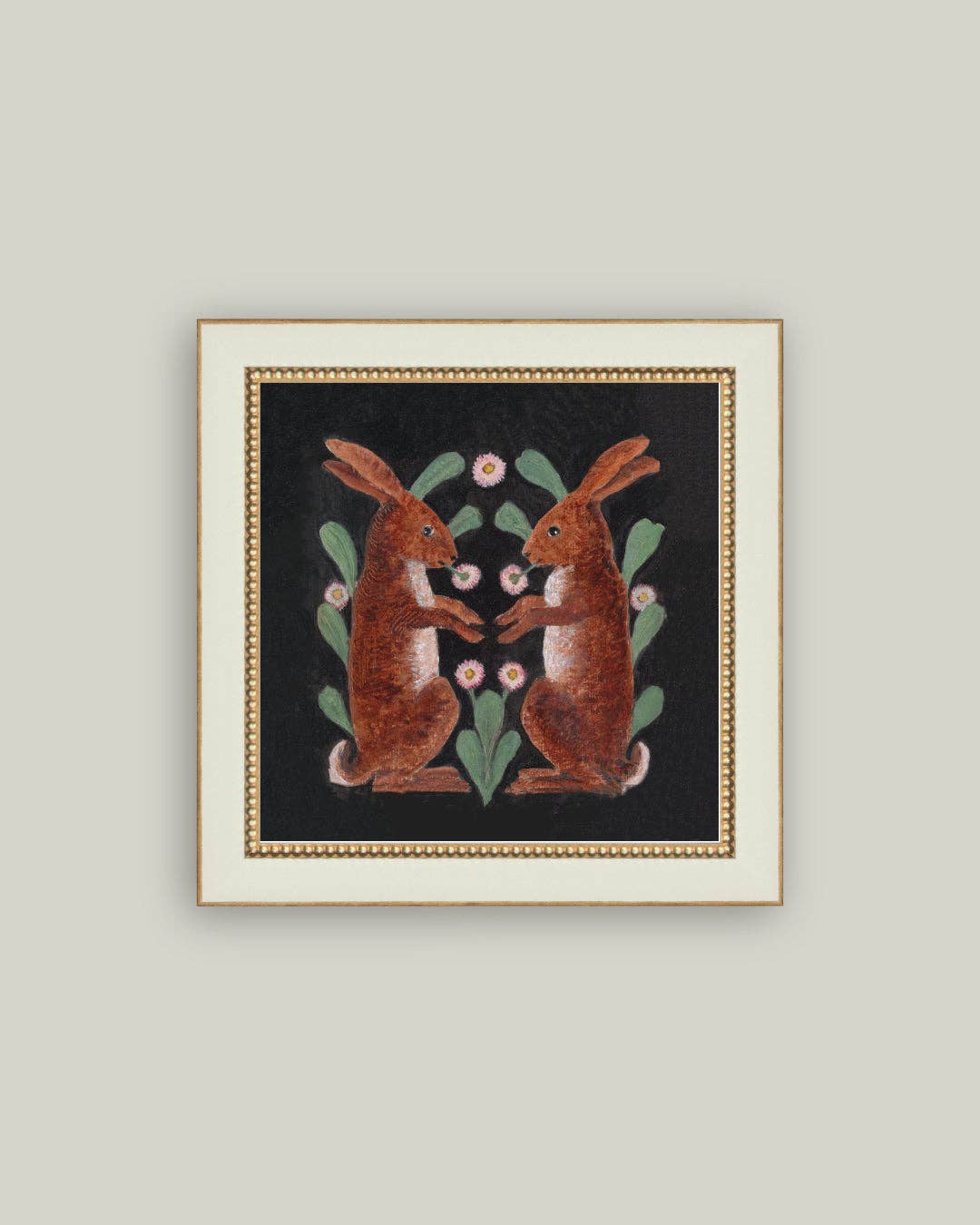 Two Hares Framed Antique Art: 5x5