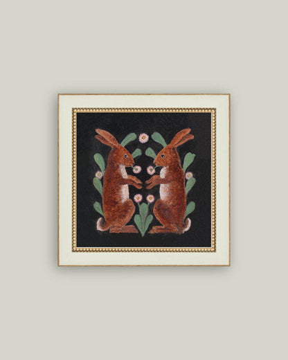 Two Hares Framed Antique Art: 5x5