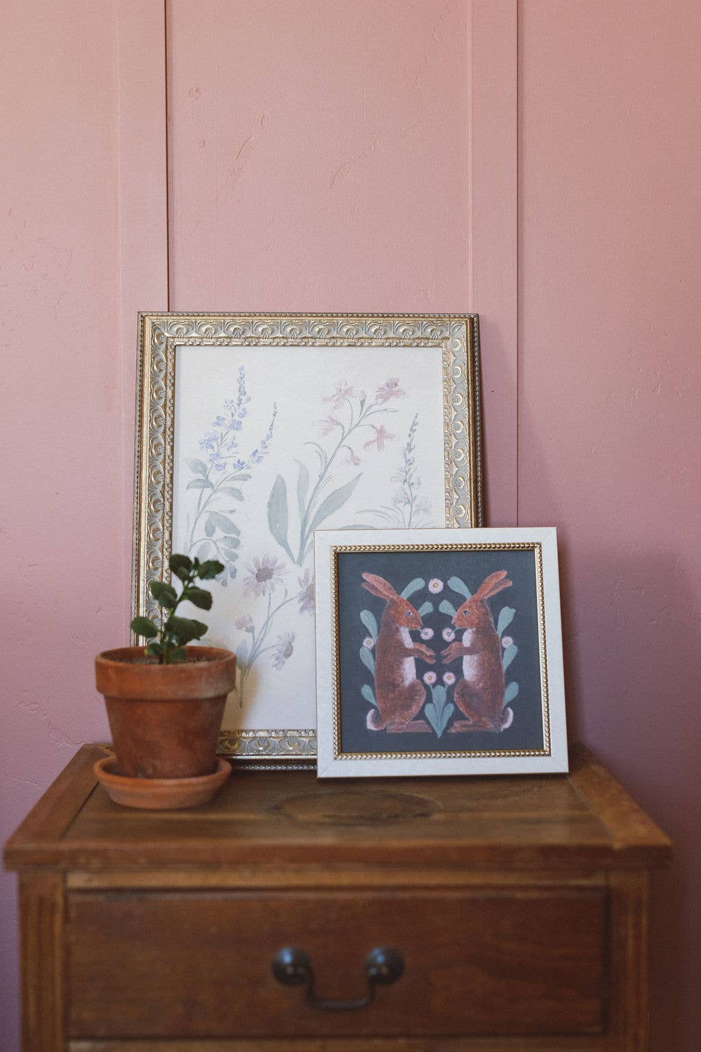 Two Hares Framed Antique Art: 5x5