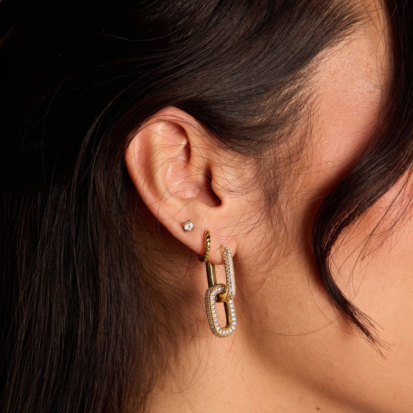 Gold Pavé Double Link Hoops: Gold