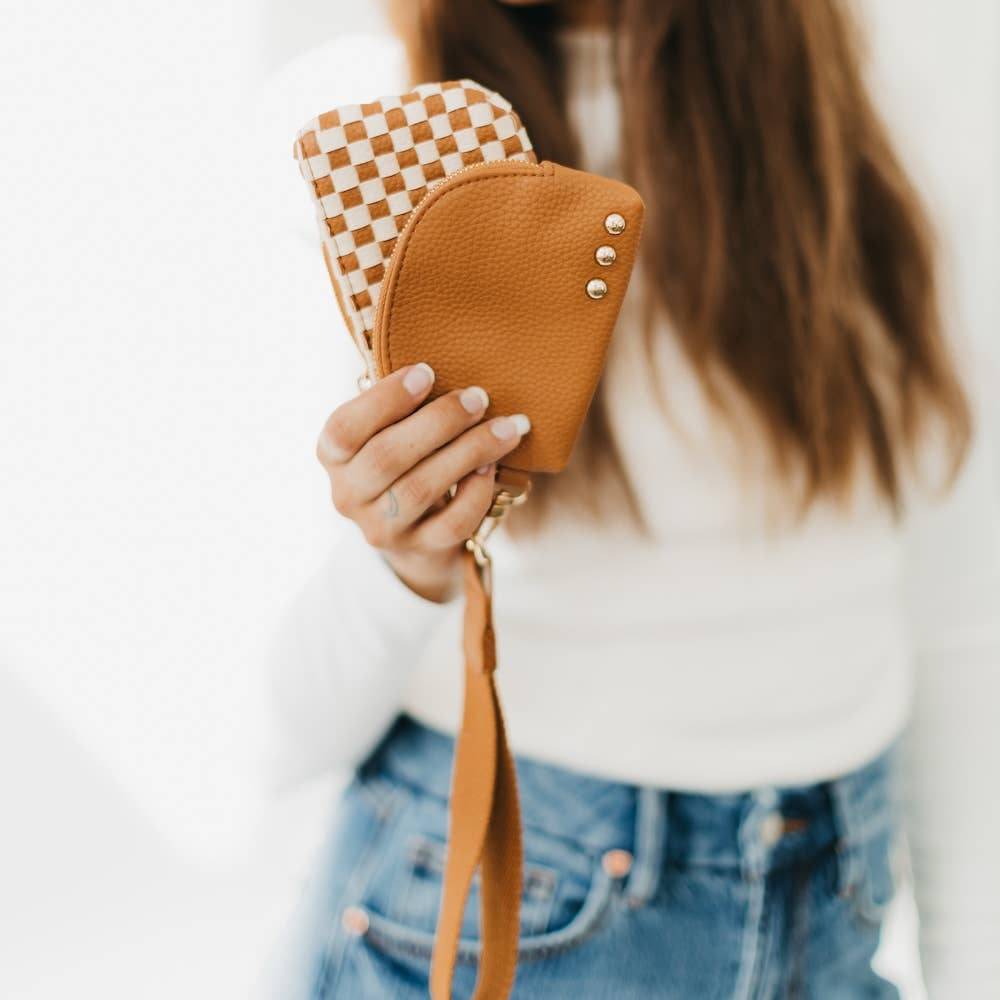 Wonderlust Woven Dual Pouch Wristlet : Brown Checkered