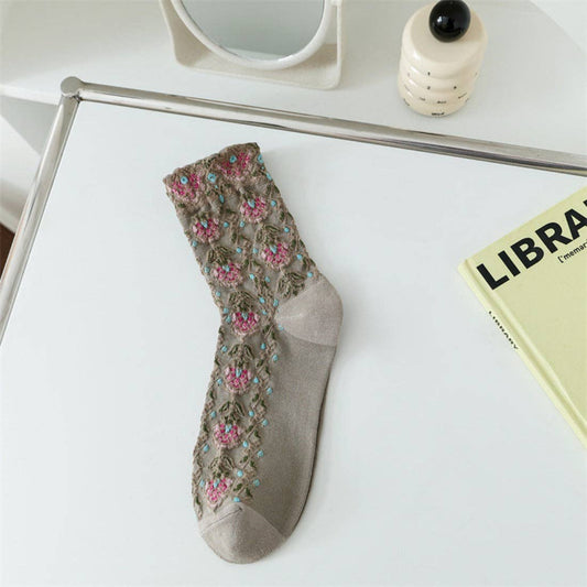 Embossed Vintage Floral Socks: Khaki