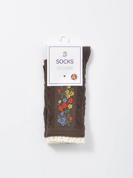 Garden Trail Embroidered Crew Socks: Khaki