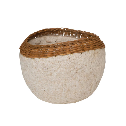 Decorative Handmade Paper Mache Bowl w/ Wicker Rim