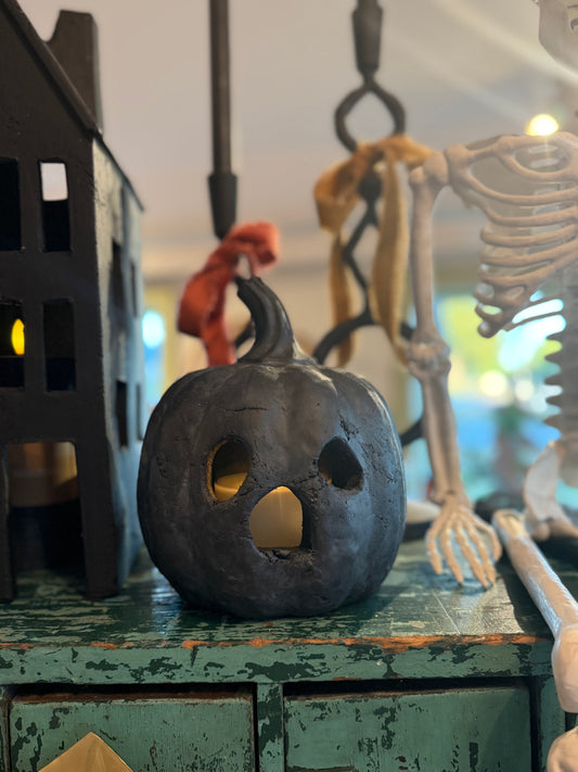 8” Black Terracotta Pumpkin with Ghost Face